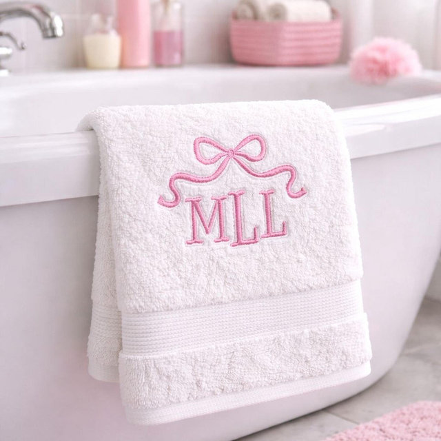 Custom Monogram Towel for Girls • Cute Bathroom Decor • Embroidered Bow Gift for Teen or College • Grad Gift