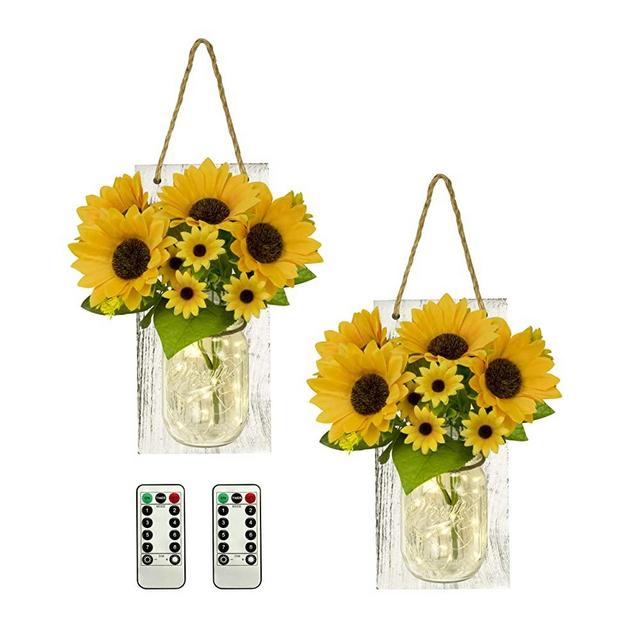 TenXVI Designs Sunflower Mason Jar Wall Sconces, Set of 2, with Remote Controlled LED Fairy Lights - Perfect Country, Primitive, or Farmhouse Theme Home Decor for a Kitchen, Bathroom Bedroom, or Porch