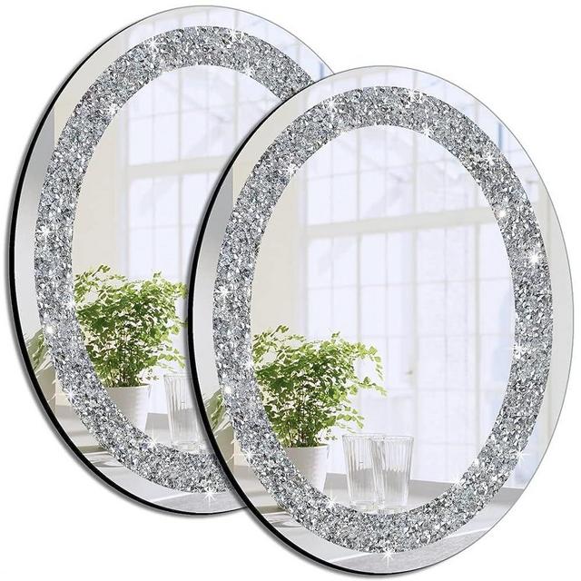 DMDFIRST 2 Pack Crystal Crushed Diamond Oval Shaped Glam Bling Silver Glass Mirror 12x16inch with Silver Chain for Wall Decoration Wall Hang Frameless Sparkly Mirror Stunning Home Decor