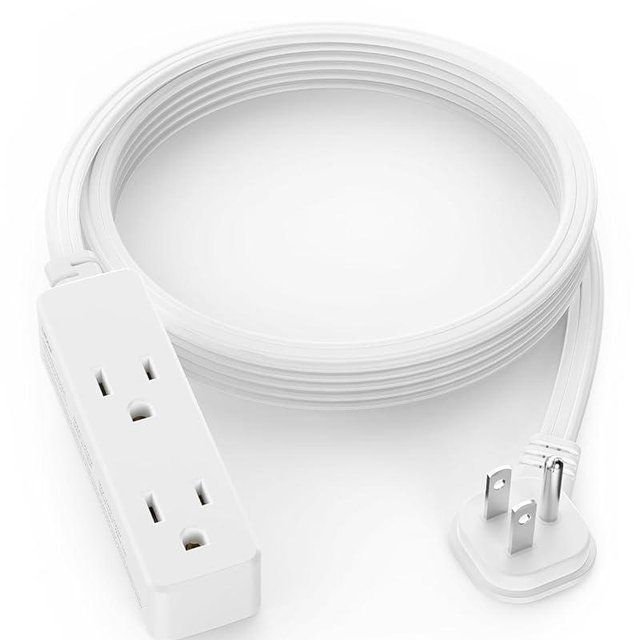 Flat Plug Extension Cord with 3 Outlets - 10 ft White Low Profile Indoor 3 Prong Grounded Power Strip for Home Office & Travel - 16/3 AWG, 13A/1625W