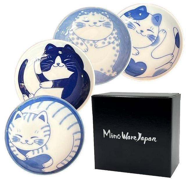 MINO WARE JAPAN Nekochigura Japanese Small Plate Set-Ceramic Cute Cats Design- For Appetizer Dessert Sushi Soy Sauce 3.94 x 0.8 Inches Set of 4