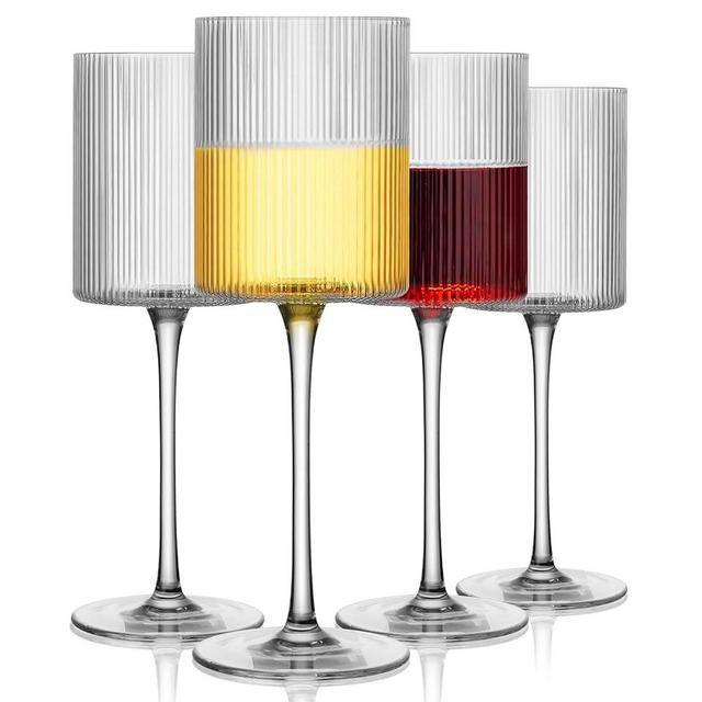LUXULISH Ribbed Square Wine Glasses Set of 4, Vintage 13Oz White Red Wine Glass, Hand Blown Crystal Wine Glasses - Gifts for Women, Men, Wedding, Anniversary, Christmas, Birthday