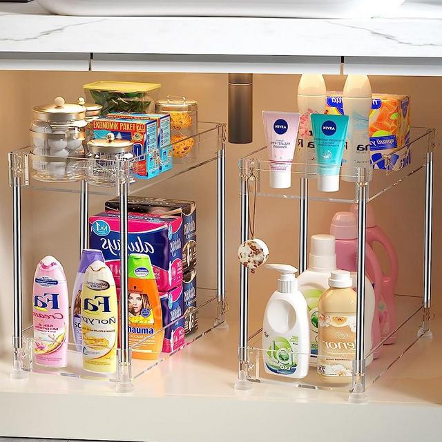 SPACEKEEPER Transparency Under Sink Organizer, 2 Tier Acrylic Bathroom Storage Organizer, Clear Under Cabinet Organizer Multi-purpose Bathroom Countertop Storage Shelf with Hooks, 2 Pack