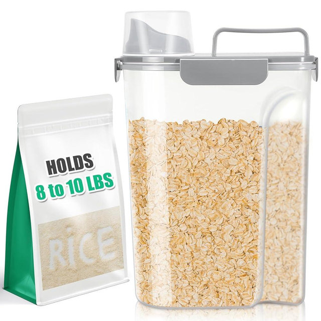 TBMax Airtight Rice Storage Containe 8 Lbs - 10 Lbs, Cereal Container Dispenser, Pet Cat Dog Food Storage Container, Plastic Kitchen Pantry Food Storage Container with Cup -Light Grey