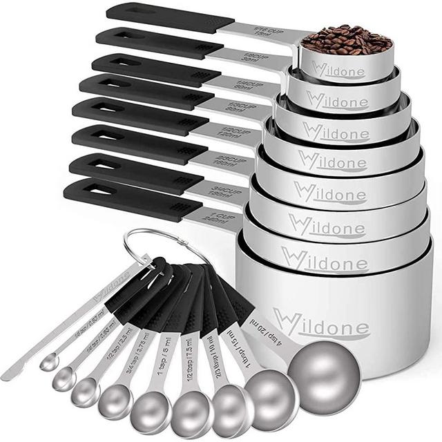 Measuring Cups & Spoons Set of 18 - Wildone Stainless Steel Nesting Measuring Cups 8 Piece and 9 Measuring Spoons, 1 Leveler, Ideal for Dry and Liquid Ingredients (Black)