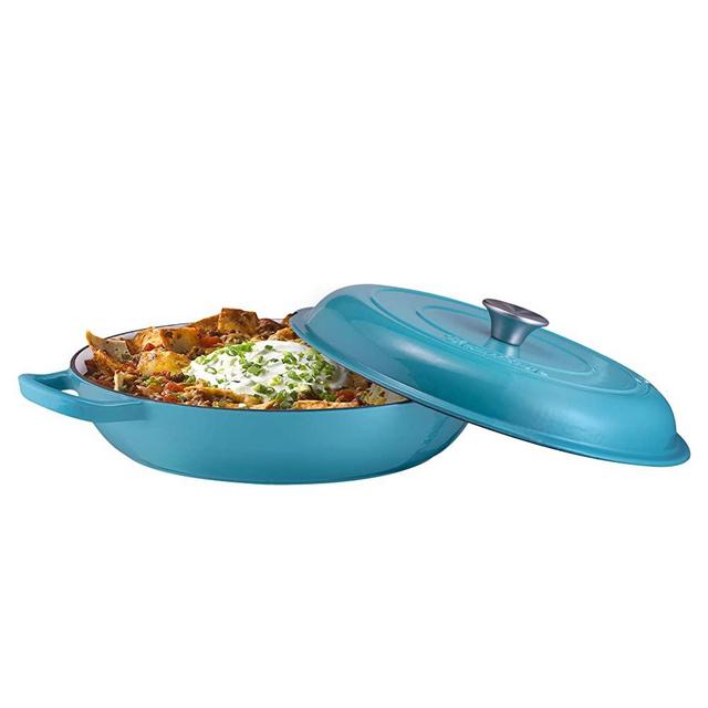 Enameled Cast Iron Shallow Casserole Braiser Pan with Cover, Cast Iron Covered Casserole Skillet 3.8-Quart, Marine Blue