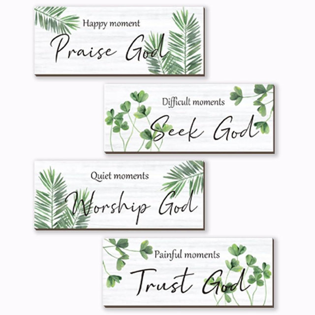 ONIZHITY 4 Pcs Green Bathroom Decor Religious Farmhouse Wall Art Inspirational Bible Verse Green Leaf Rustic Wooden Christian Sign for Home Bathroom Office Bedroom Living Room Kitchen(Green 10x4)