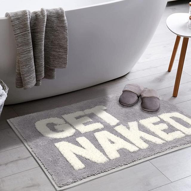 Brakki Get Naked Bath Mat Non-Slip White Gray Bathroom Rugs Cute Funny Bath Rug Soft Washable Bathroom Mat Preppy Apartment Decor 20 x 32 inch