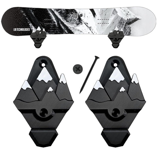 Innovative 3D Printing Snowboard Wall Mount with Hooks, Universal Design, Snowboard Rack, Space Saver, Wall Art (Black & White Mountains)