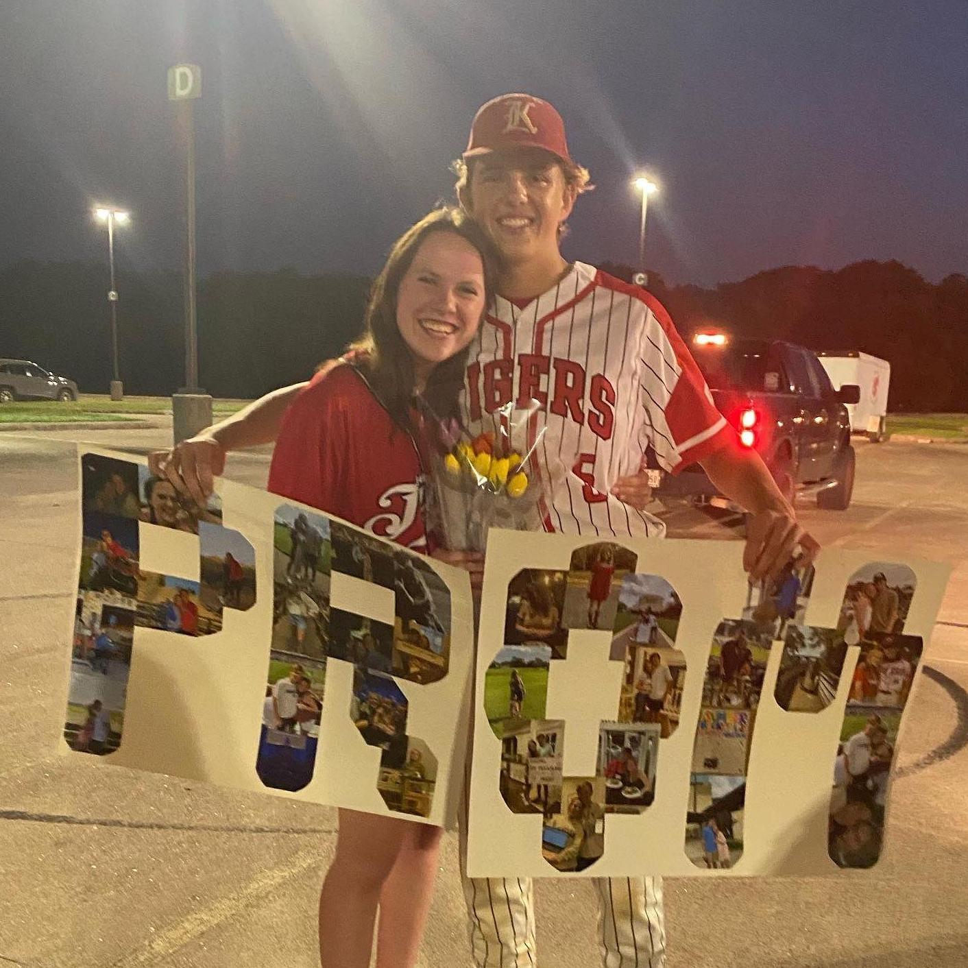 Carter asked Rachel to prom in the parking lot after a baseball game.
