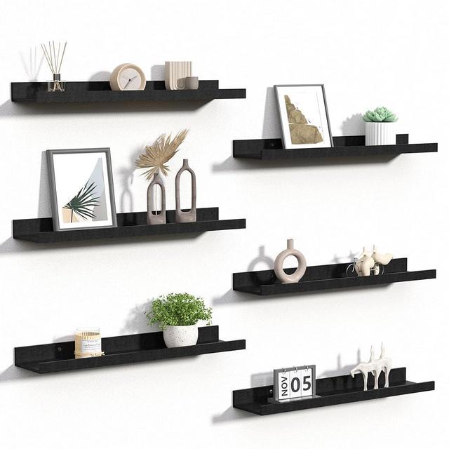 upsimples Floating Shelves for Wall, Wall Shelves for Decor Storage Set of 6, Wall Mounted Wood Shelves for Bedroom, Living Room, Bathroom, Kitchen, 23.6 inch Long Picture Ledge Shelves, Black