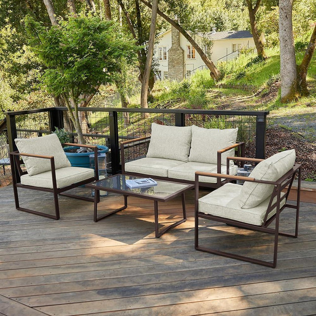 EAST OAK Patio Furniture Set, 4-Piece Outdoor Patio Set with Sofa, Removable & Washable Deep Seating Cushion, Tempered Glass Table, Outside Patio Conversation Sets, 25 Upgraded, Coffee & Beige