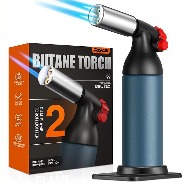 RAVS Dual flame butane torch lighter, Kitchen torch lighter for creme brulee, Refillable cooking torch gun for BBQ, food torch for cooking, searing steak, culinary torch, Butane is Not Included