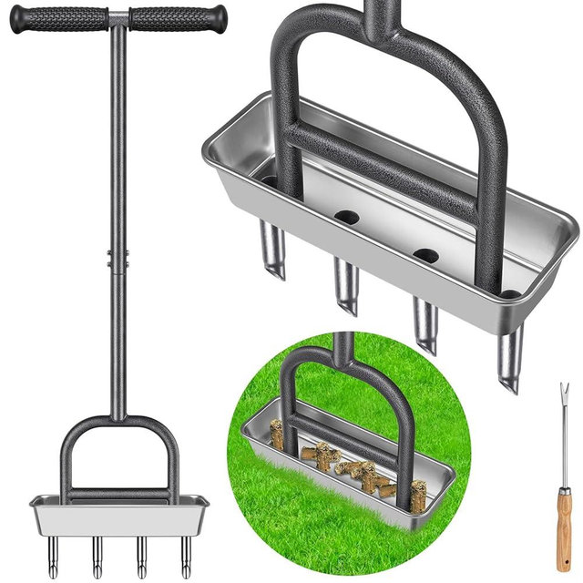 Lifeswell Lawn Coring Aerator Tool, Stainless Steel 4-Core Manual Plug Aerator for Yard & Lawn Aeration, Durable Aeration Tool with Soft Rubber Grip for Compacted Soil & Grass Care