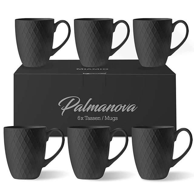 MIAMIO - Coffee Mugs set of 6 / Coffee Cups - 6 x 14 Oz Ceramic Mugs - Large Coffee Mugs - Microwave & Dishwasher safe - Palmanova Collection (Black)