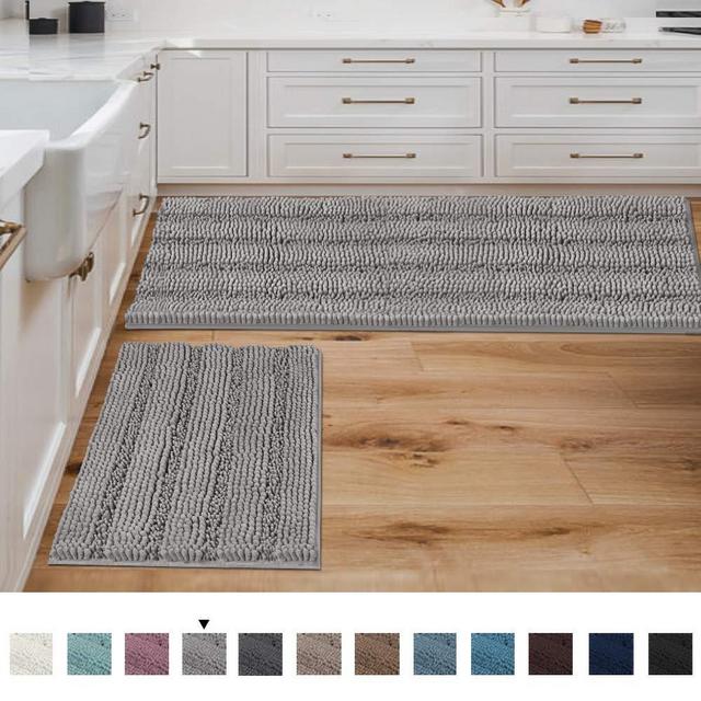 Bathroom Rugs Bath Mats Sets Super Absorbent Chenille Striped Bath Mats Non Skid Machine Wash Dry Rugs for Bathroom Floor Set of 2(Dove, 47 x 17 Plus 17 x 24 - Inches)