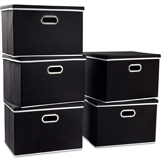 PRANDOM Extra Large Collapsible Storage Bins with Lids [5-Pack] Linen Fabric Foldable Storage Baskets Boxes Organizer Containers Cube with Cover for Bedroom Closet Office Nursery (22.8x15.75x13.8)