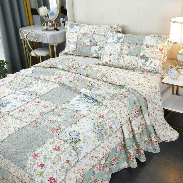 Brandream Queen Size Patchwork Quilts Cotton Green Country Floral Quilted Comforter Set Lightweight Coverlet Set