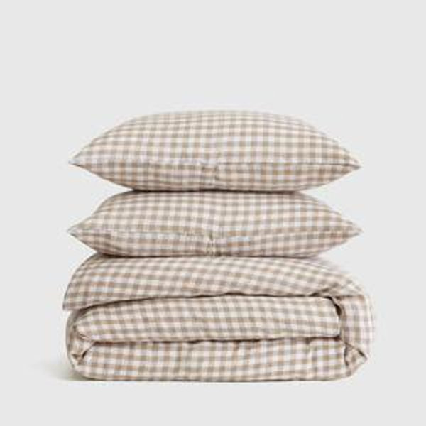 European Linen Duvet Cover Set in Cafe Gingham - Queen