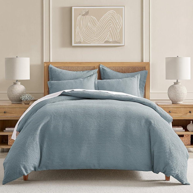 Levtex Home Cloud Waffle Queen Duvet Cover Set (90x94in) with 2 Pillow Shams (26x20in) - Solid Waffle Cotton Texture - Chambray - 100% Cotton Queen Size Duvet Cover Set - Soft, Pre-Washed
