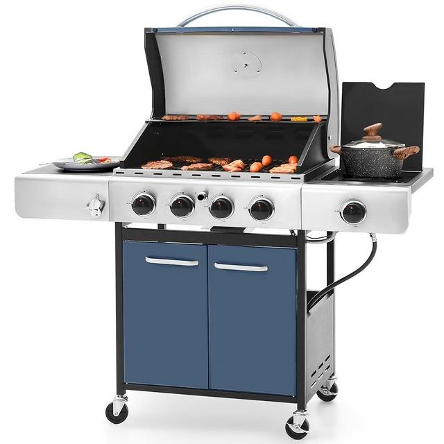 Sophia & William 4-Burner Gas BBQ Grill with Side Burner and Porcelain-Enameled Cast Iron Grates, 42,000BTU Propane Grills Outdoor Cooking Barbecue Grill Cabinet Style, Blue
