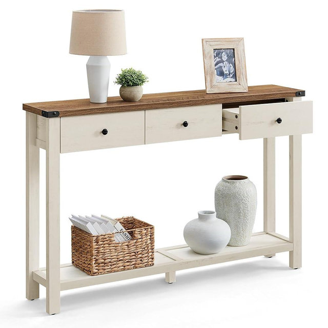 VASAGLE Console Table, Sofa Table, Narrow Entryway Table, Entry Table with 3 Drawers, Open Storage Shelf, Metal Corners, for Living Room, Farmhouse Style, Honey Brown and Rustic White ULNT142WJ02S