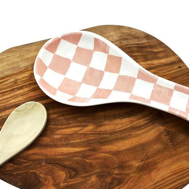 Checkered Spoon Rest for Kitchen Counter - Cooking Spoon Holder for Stove Top - Large Utensil Spatula Spoon Rest - Cute Kitchen Gadgets Gift for Housewarmings - Distressed Checkerboard Pink and White