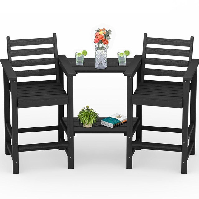 PLUUV Tall Adirondack Chairs Set of 2, All Weather HDPE Poly Bar Height Balcony Adirondack Chair with Removable Double Connecting Trays, Outdoor Adirondack Barstools for Deck, Patio, Yard, Pool, Lawn