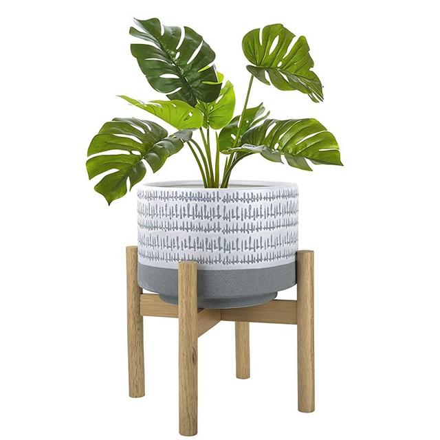 Large Ceramic Plant Pot with Stand - 9.4 Inch Modern Cylinder Indoor Planter with Drainage Hole for Snake Plants, Fiddle Fig Tree, Artificial Plants, Grey & White