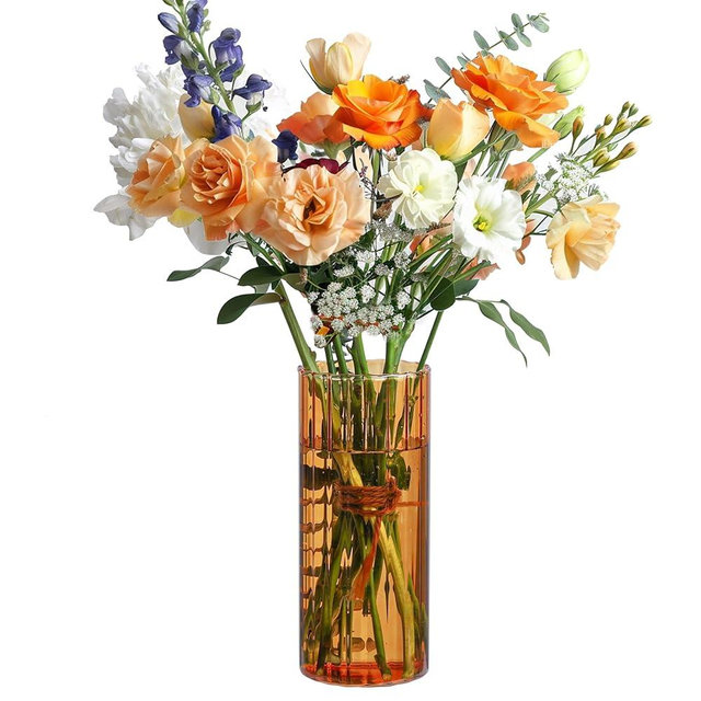 ComSaf Glass Cylinder Vases, Bud Vase for Centerpieces, 8 Inch Tall Ribbed Vase Hurricane Floating Candle Holder, Decorative Flower Vases for Wedding Reception, Home Decor, Housewarming Gift (Amber)
