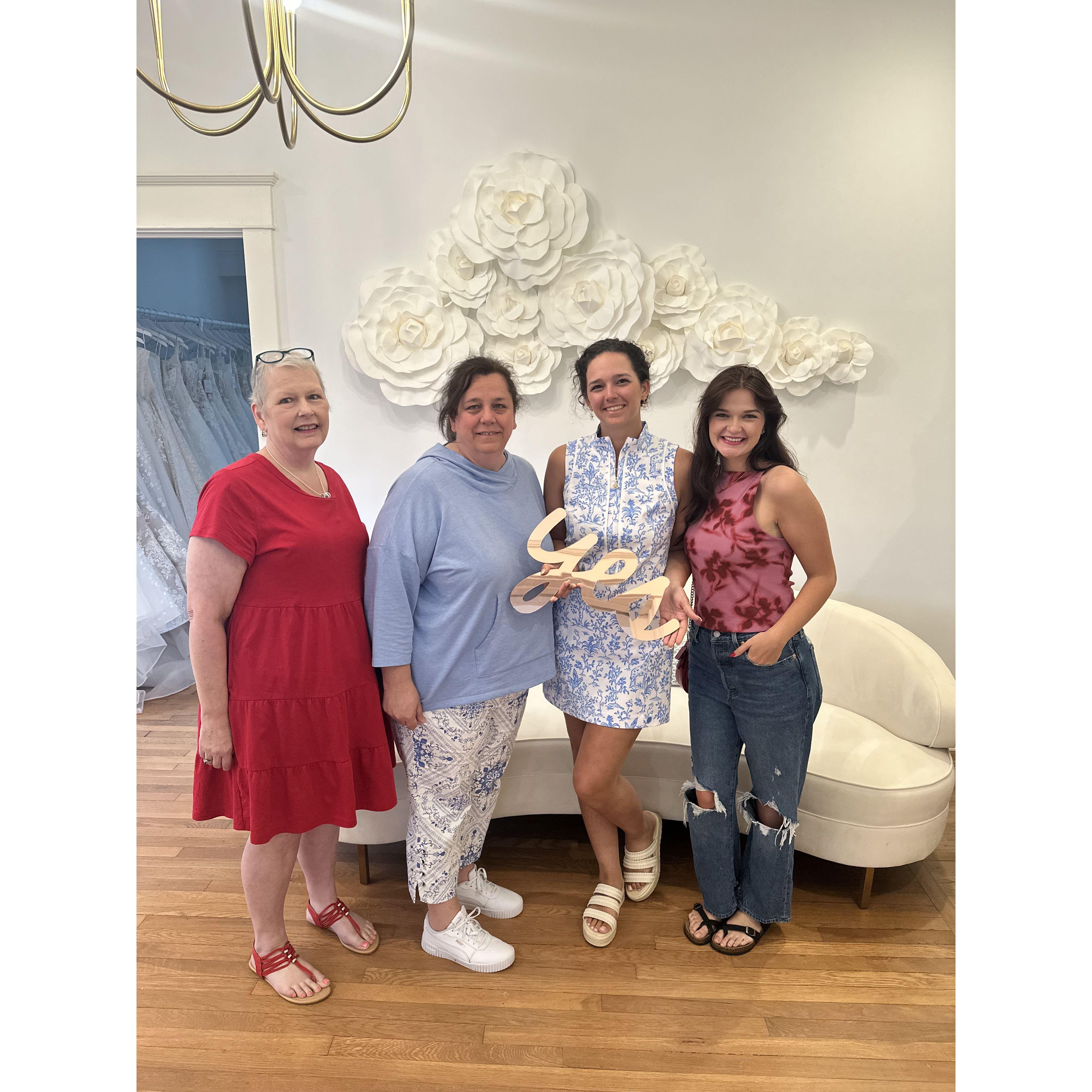 Saying yes to THE dress!!! with my aunt, mom, and cousin Lauren