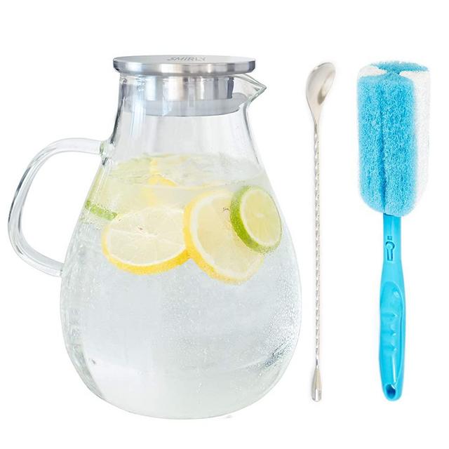 Smirly Glass Water Pitcher with Lid: Tempered Glass Pitcher with Stainless Steel Lid, Handle, and Spout - Large Decanter for Iced Tea, Juice, Lemonade, Sangria, Infused Fruit Water - 2.6 L / 90 Ounces