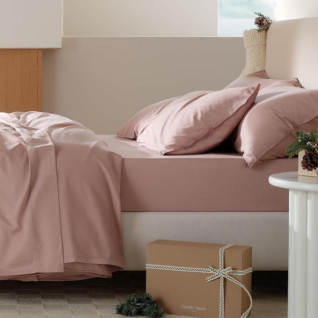 Double Stitch by Bedsure Cotton Tencel Sheet Set - King Sheet Set Breathable, Soft Luxury Bedding Set, Perfect for House Warming Gift, 1 Fitted Sheet, 1 Flat Sheet, 2 Pillowcases, Dusty Mauve