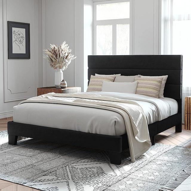 Allewie Queen Size Platform Bed Frame with Velvet Upholstered Headboard and Wooden Slats Support, Fully Upholstered Mattress Foundation/No Box Spring Needed/Easy Assembly, Black