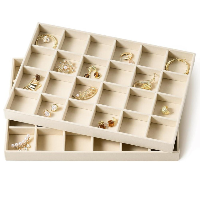 pickpiff Drawer Jewelry Organizer & Display Trays: 2pcs 24grid Velvet Stackable Jewelry Case (13.8x9.4x1.2inch) - Soft Beige Ring Storage Bracelet Holder Earring Box
