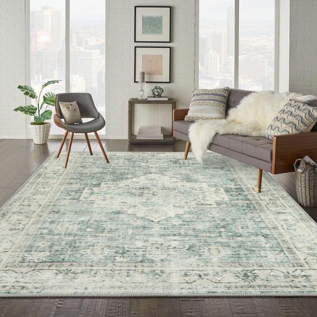 LIVEBOX Washable Area Rug 8x10 - Large Boho Living Room Rug Vintage Rug for Bedroom, Non-Slip Retro Floral Carpet Print Distressed Accent Rug for Dining Room Guest Room Office, Sage Green