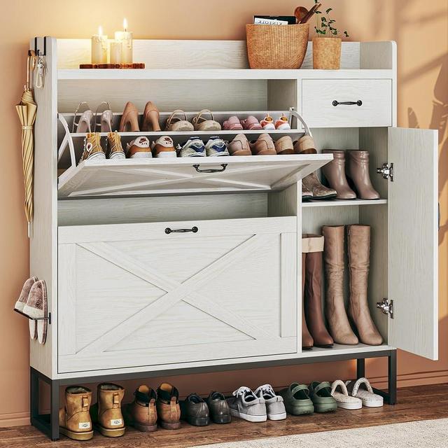 HUAHUU Shoe Cabinet with 2 Flip Drawers & Side Cabinet, Shoes Cabinet with Adjustable Shelves, Shoe Storage Cabinet with Drawer & Mounted Shoe Rack for Entryway, Hallway, Shoe Organizer Cabinet, White