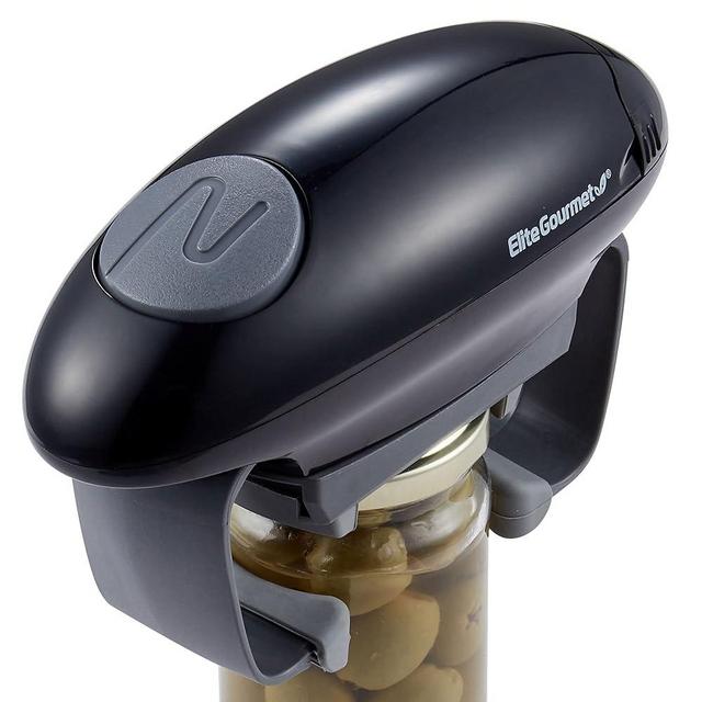 Elite Gourmet EJO800 High Power Torque Automatic Battery Operated Electric Jar Opener, One-Touch Electric Operation, Easily Remove Most-Size Lids with Auto-Size Guides, Black/Gray