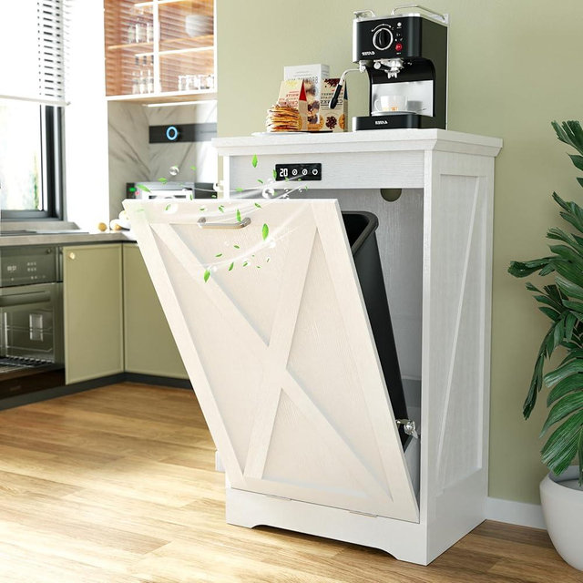 Betterhood TOLEAD Tilt Out Trash Can Cabinet, Hidden Trash Bin with Deodorizing & Negative Ion System, Pet-Proof Kitchen Waste Cabinet for Kitchen, Dining Room, Living Room (White, 1 * 13 Gallons)