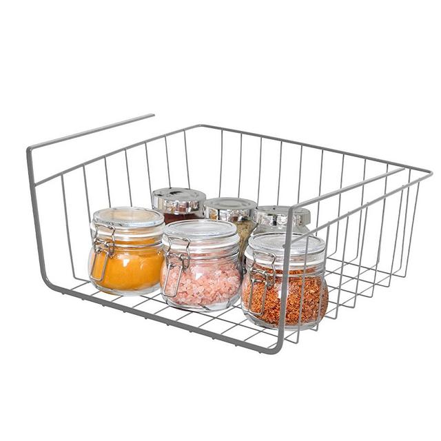 Smart Design Undershelf Storage Basket - Small - Snug Fit Arms - Steel Metal Wire - Rust Resistant - Under Shelves, Cabinet, Pantry, & Shelf Organization - Kitchen (12 x 5.5 Inch) [Charcoal Gray]