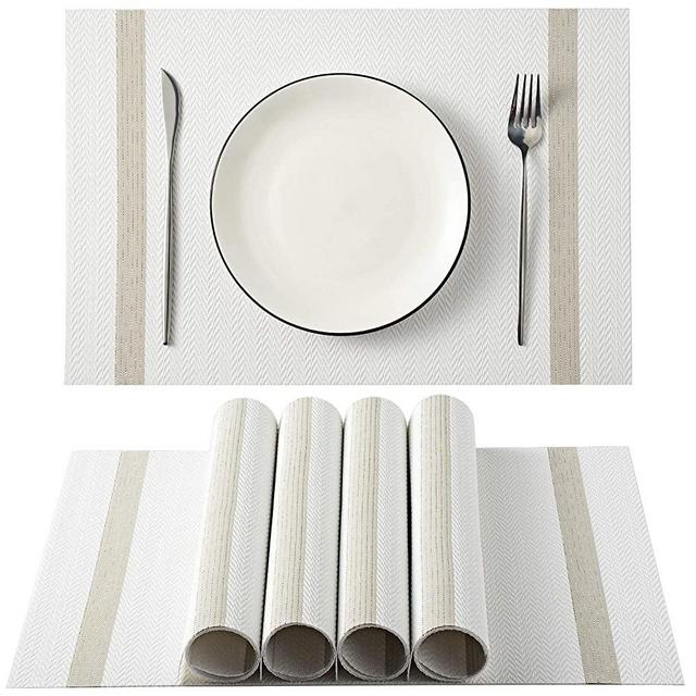 AHHFSMEI White Placemats for Dining Table Set of 6 Woven Vinyl Plastic Place Mats Non-Slip Heat Insulation Stain Resistant Table Mats Washable Easy Clean Placemats (White Stripe)