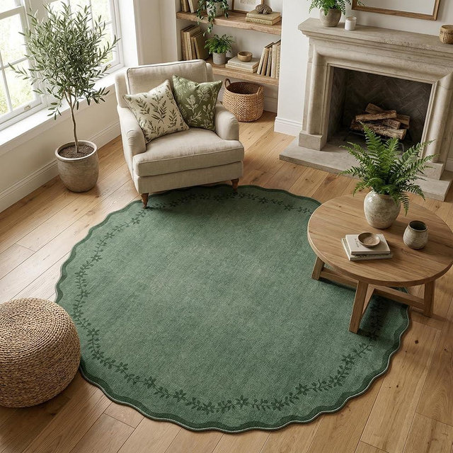 GarveeHome Round Area Rugs 6ft for Bedroom, Solid Dark Green Washable Circle Rug Soft Non Slip Floral Print Floor Mat Leaves Carpet Indoor Thin Rug for Living Room Dining Room Playroom Nursery