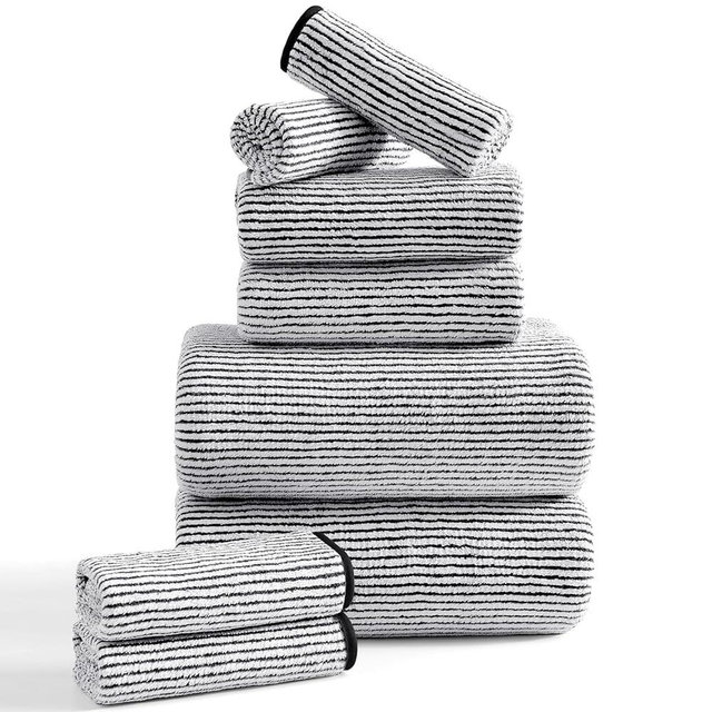8-Piece Premium Towel Set for Bathroom|2 Oversized Large Bath Sheet 35”x70”,2 Hand Towels,4 Washcloths|Soft Cozy Absorbent Fast Dry Polyester Shower Towel Set for Hotel Bathroom Essentials,Black White