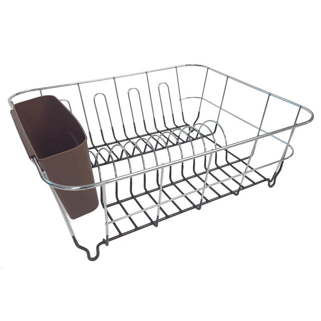 Dish Drying Rack & Cutlery Holder 2 Piece Set - Compact Sink-Fitting Dish Drainer with Rubberized Undercoating, Space-Saving Kitchen Organizer for Plates, Cups, Bowls & Utensils in Sink, Bronze Brown