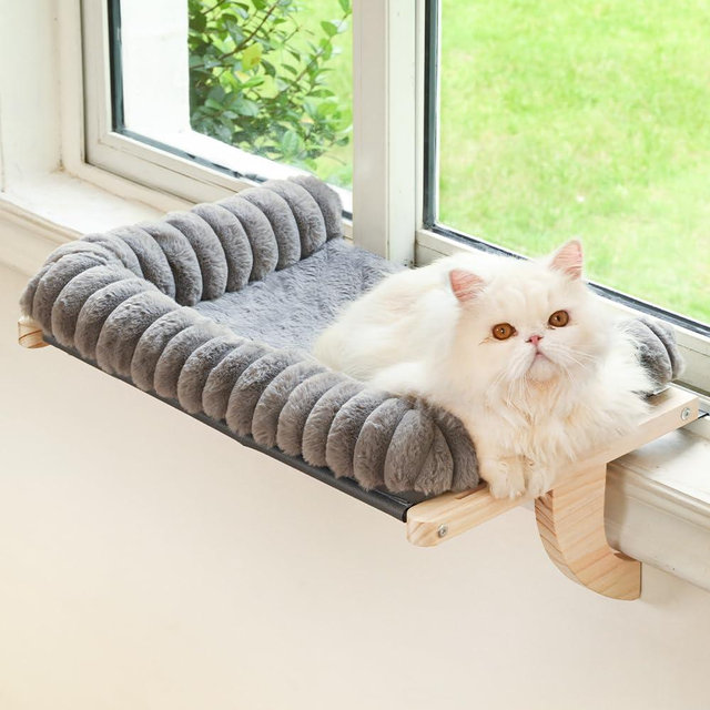 Valigogo Cloud-Soft Cat Window Sill Perch with Zipper Designed Cushioned Bed, Supportive Cat Window Seat with Premium Solid Wood & Sturdy Metal Frame, Pet Hammock Bed for Large Cats (Medium, Gray)