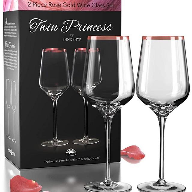 Hand Blown Crystal Rose Gold Wine Glasses set 2 - Stem wine glass set - Long Stem wine glasses - Red wine glasses set of 2 - Large white wine glass - Stemmed wine glasses - Gift packaging by Phnx Phyr