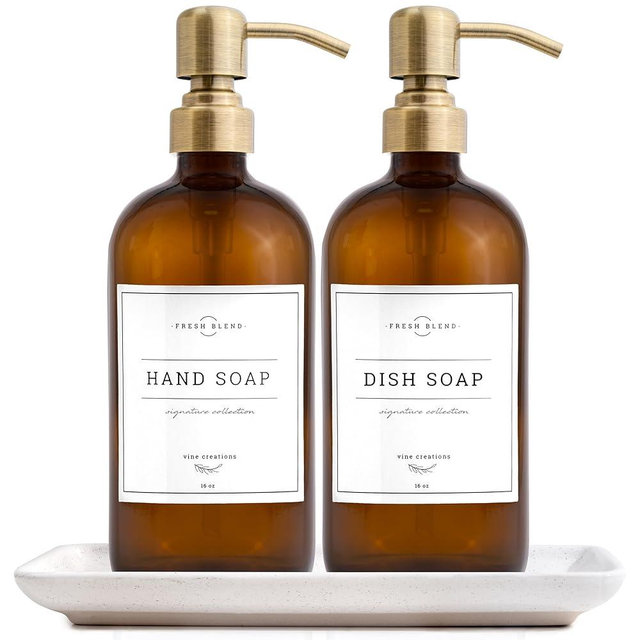 Vine Creations Amber Glass Soap Dispenser, 2 Pack Kitchen Soap Dispenser Set with Ceramic Tray, Stainless Steel Pump, Dish Soap Dispenser for Kitchen, Hand Soap Dispenser with Waterproof Labels
