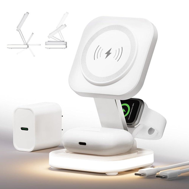 5-in-1 Magnetic Wireless Charging Stand for Apple MagSafe Charger with Night Light for iPhone 16/15/14/13/12, Watch, AirPods, Travel Magnetic Charger Nightstand Charging Station (Adapter Included)
