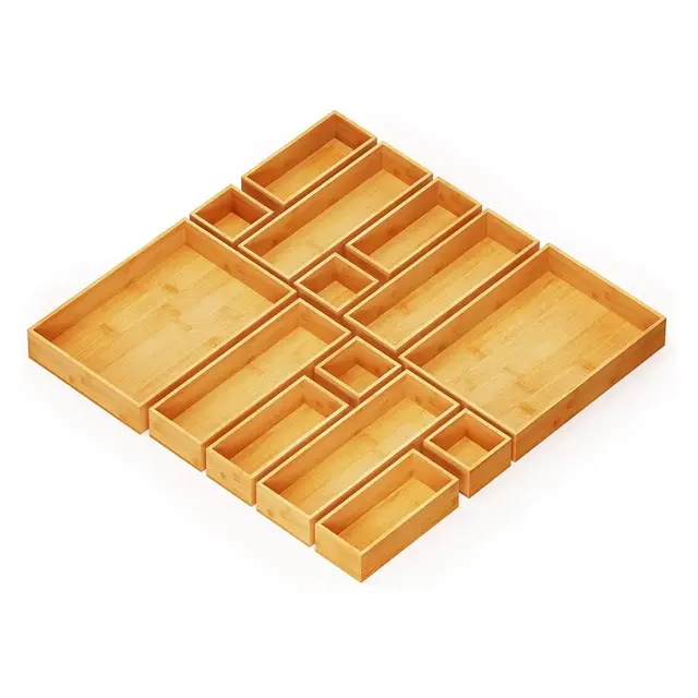 14-Piece Bamboo Drawer Organizer Set – Multi-Use Divider Bins for Kitchen, Bathroom, Office, and Makeup Storage, Natural