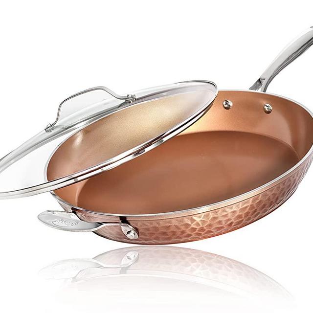 GOTHAM STEEL 14” Nonstick Fry Pan with Lid – Hammered Copper Collection, Premium Aluminum Cookware with Stainless Steel Handles Dishwasher & Oven Safe